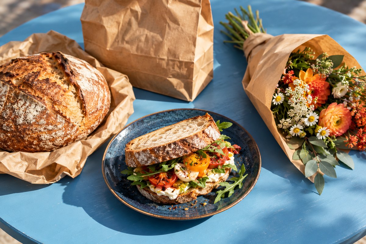 A sandwich, artisan bread and flowers on a blue table